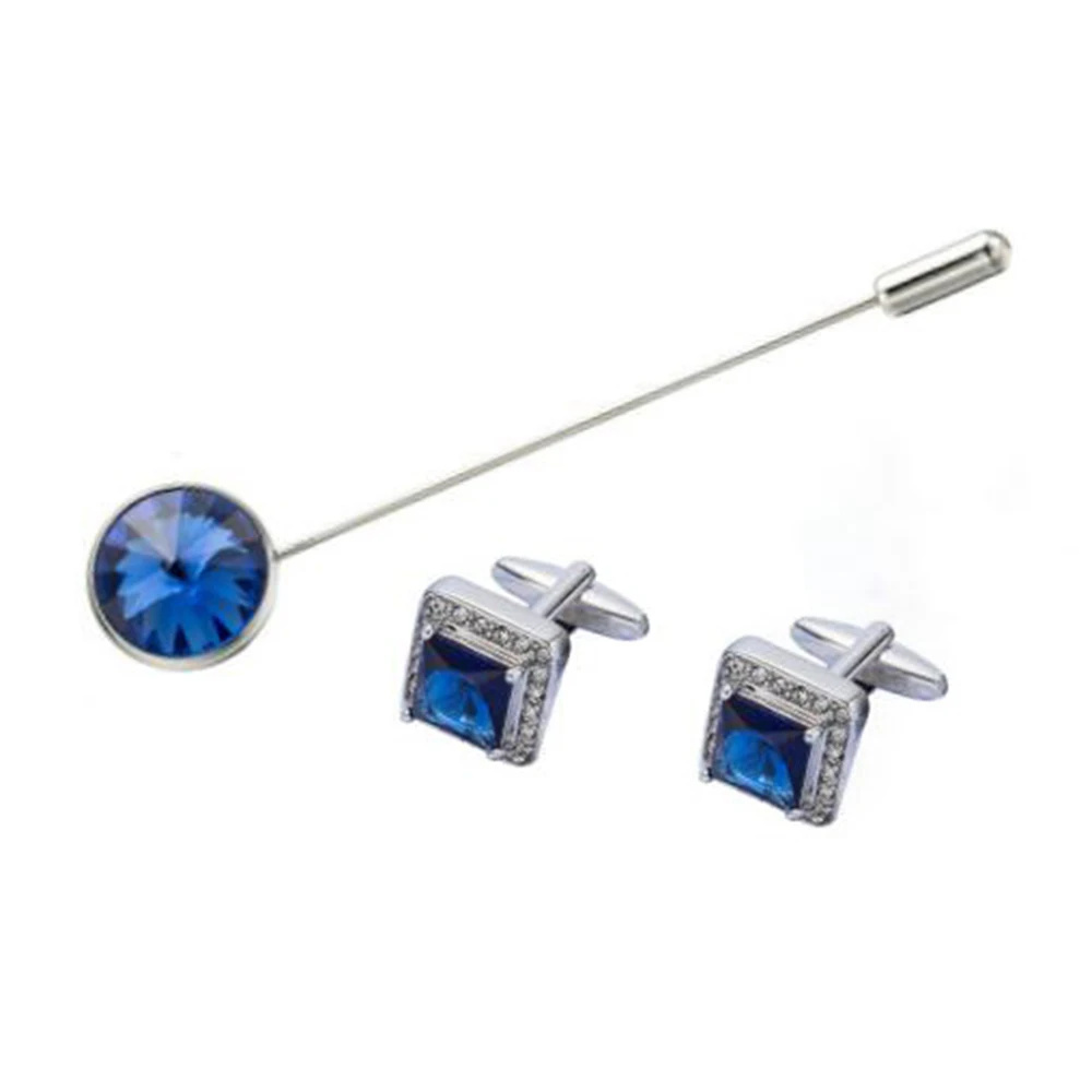 VAGULA Brooch Cufflinks 3PCS Set  Blue Crystal Gift Pin Business Uniform Pin Men  Jewelry Spinki Gemelos 11