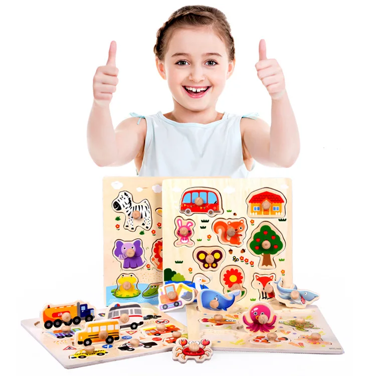 Children's Hand Grasp Board Jigsaw Puzzle Animal Cognition Early Lesson Intelligence Jigsaw Wooden Toys for children