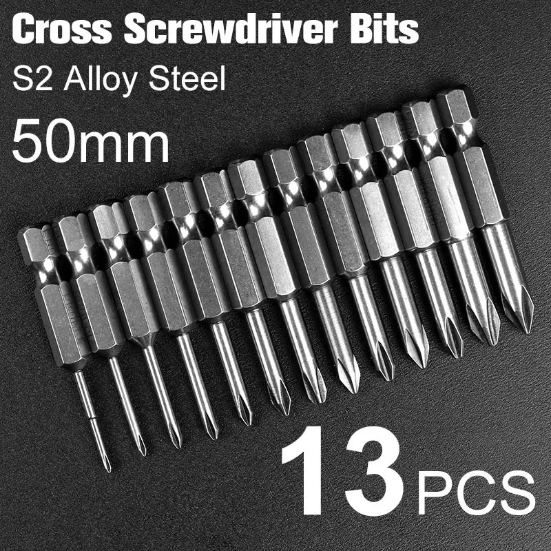 HOEN 13pcs 50mm S2 Steel Cross Head Group Screw Driver Screwdrivers Kit Hand Tools Magnetic Drill Screwdriver Set Bits