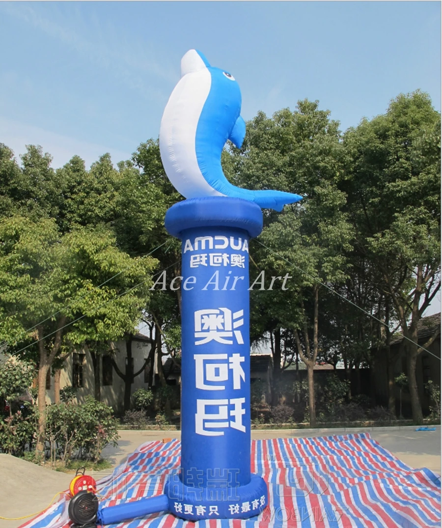 Lovely Blue Jumping Inflatable Dolphin Animal Model Pillar with Customized Logo for Advertising Ocean Paradise Decoration