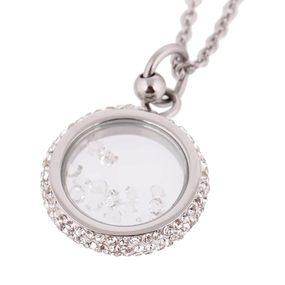 Rose Gold Color 316L Stainless Steel Glass Round Pendant Necklace with CZ crystal for women