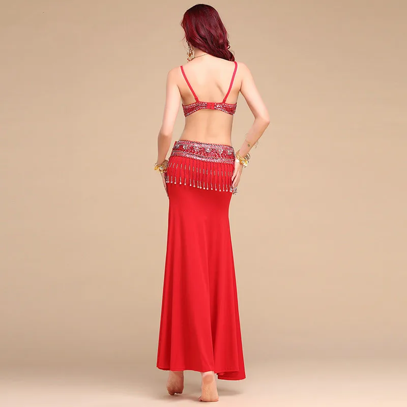 6 Colors sexy Women Dancewear Professional Size S-L 2-3-7pcs Outfit Bra Belt Skirt Long Oriental Beads Costume Belly Dance