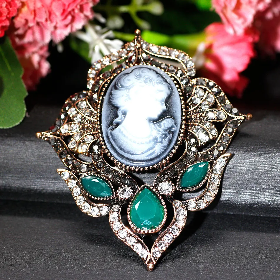 Sunspicems Vintage Turkish Head Brooch Bohemia Enamel Women Brooches Antique Gold Color Crystal Bride Dress Jewelry Gift