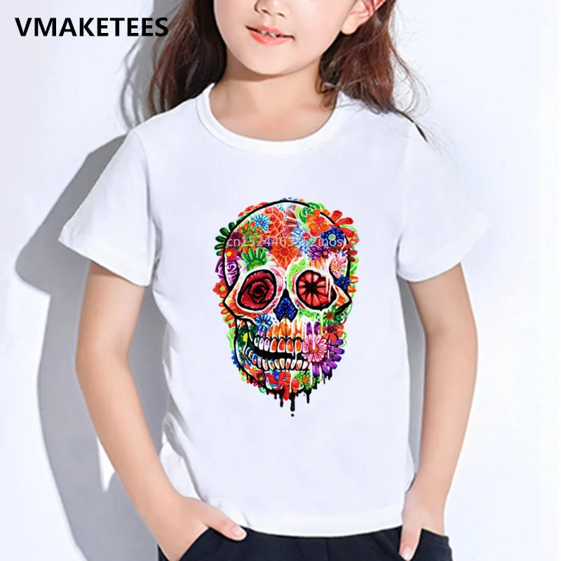 Kids Summer Short Sleeve Girls & Boys T shirt Flower Sugar Skull Print Children's T-shirt Casual Funny Baby Clothes,HKP2147