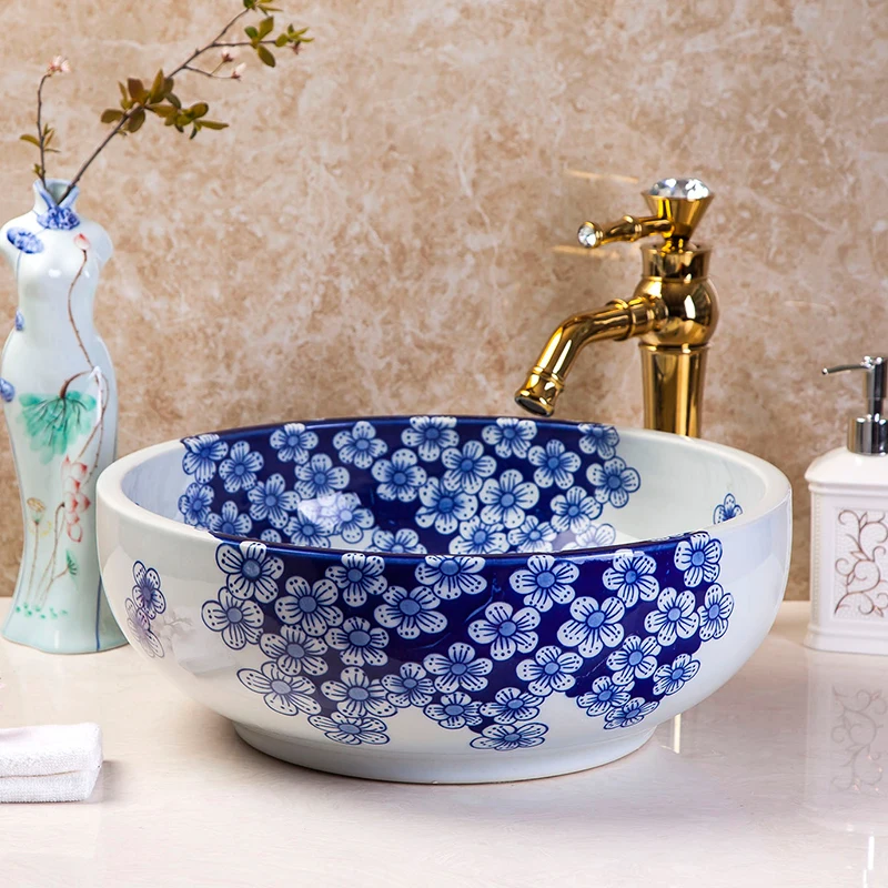 

China Artistic Handmade ceramic art Lavobo Round Countertop vanity porcelain wash basin blue and white