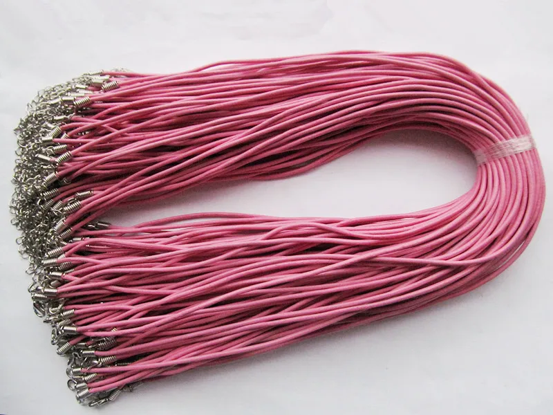 100pcs 2mm 16-18inches Adjustable Pink Genuine Leather Necklace Cord Rope String,1.8inch Extender Chain,12x7mm Lobster Clasp