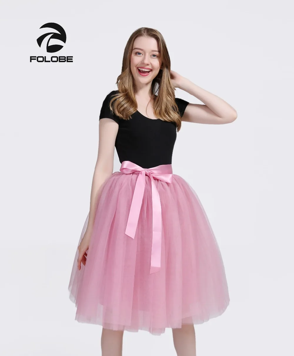 FOLOBE Blush 7 Layers Midi Tulle Skirt  Tutu Skirts Womens Petticoat Elastic Belt faldas saia jupe