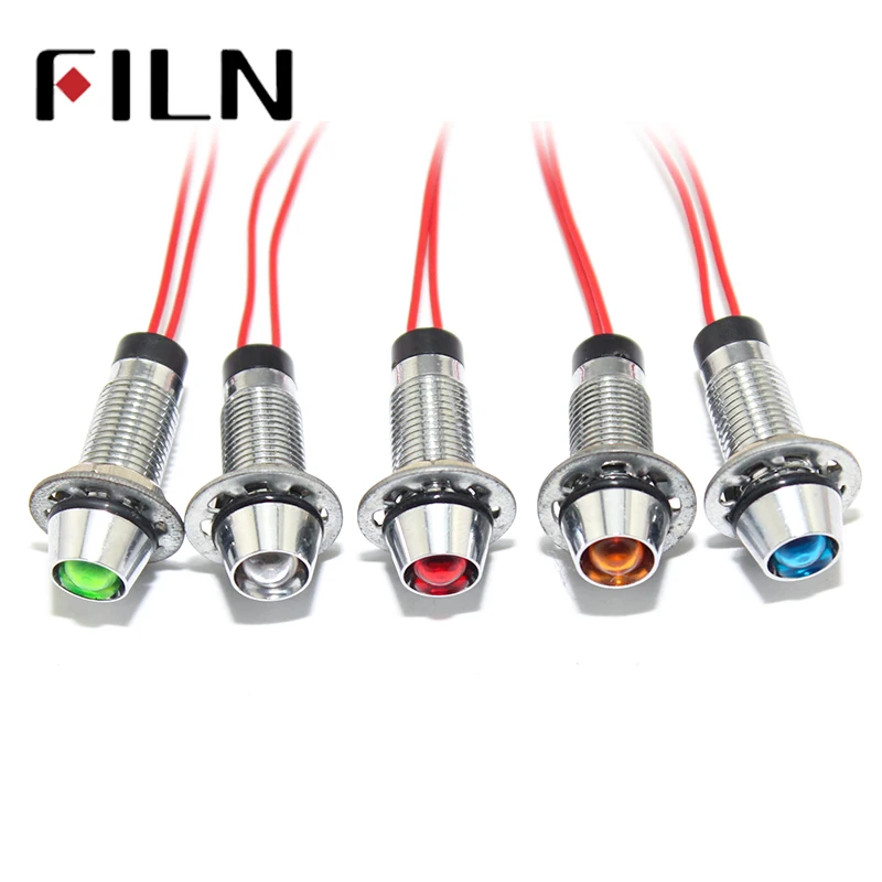 FILN metal signal lamp indicator light 8mm red yellow blue green white 24v 110v 24v 220v led with 20cm cable