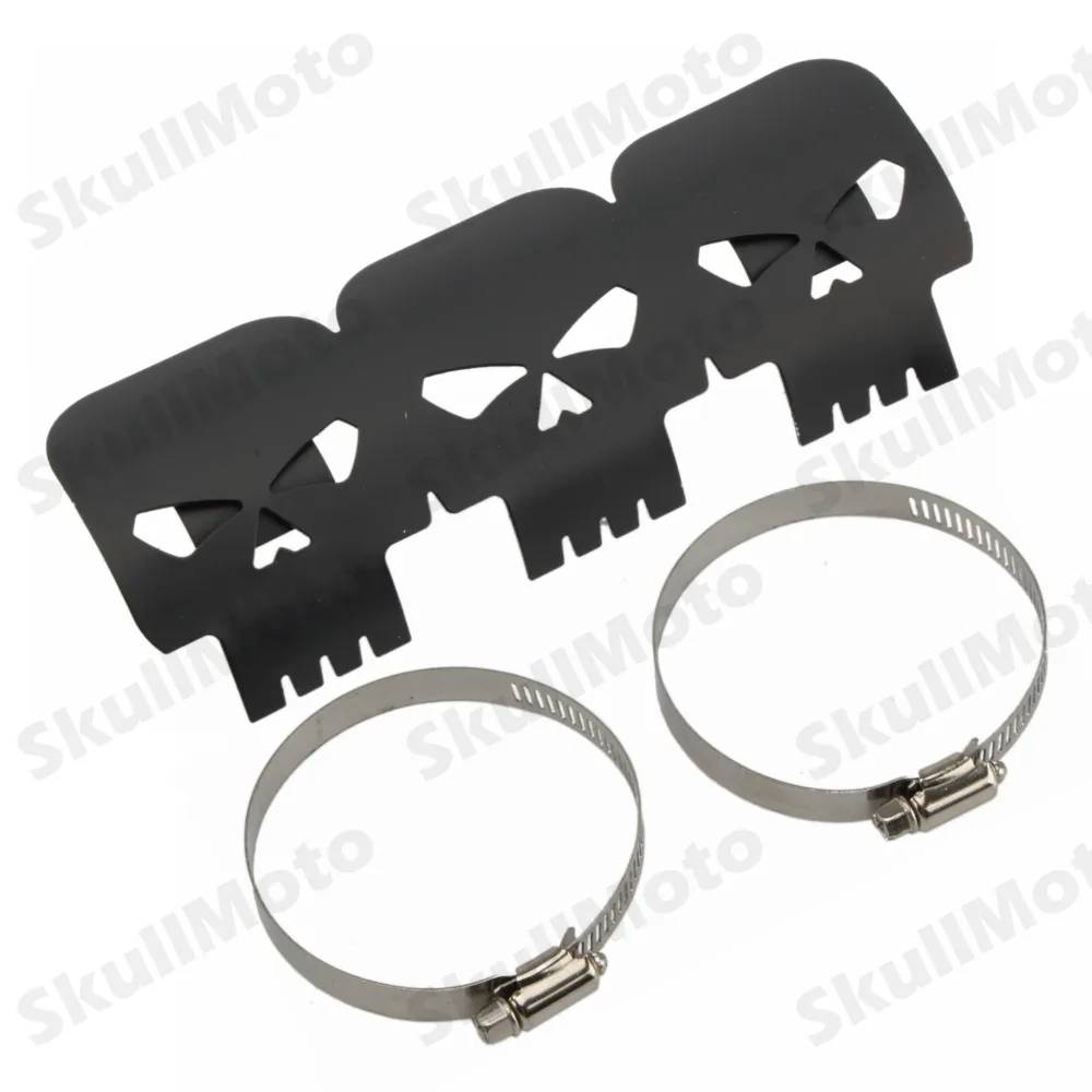 Skull Black Motorcycle Heat Shield Heel Guard Exhaust Muffler Pipe Cover w/ 1 7/8