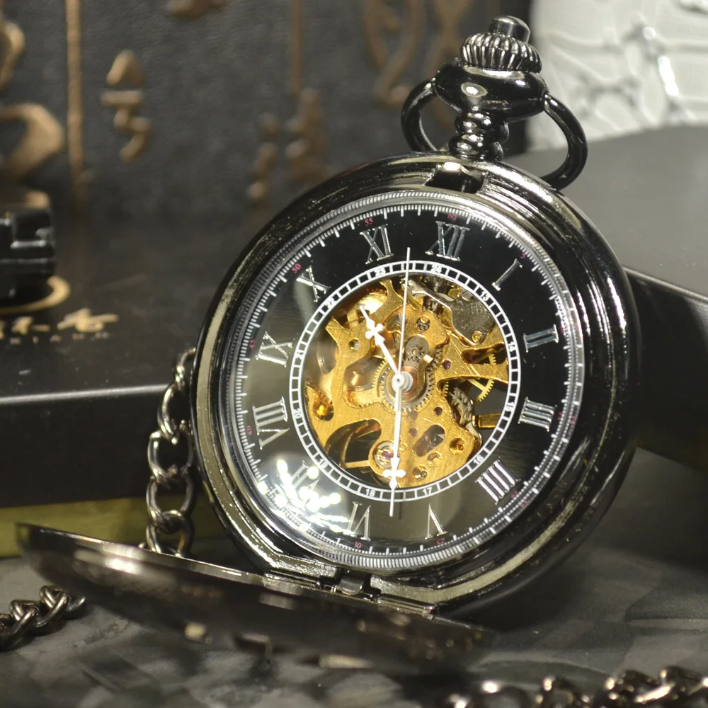 Vintage Black Classic Watches Antique Black Stainless Steel Mens Hand Winding Mechanical Pocket Watch Steampunk Women Gifts