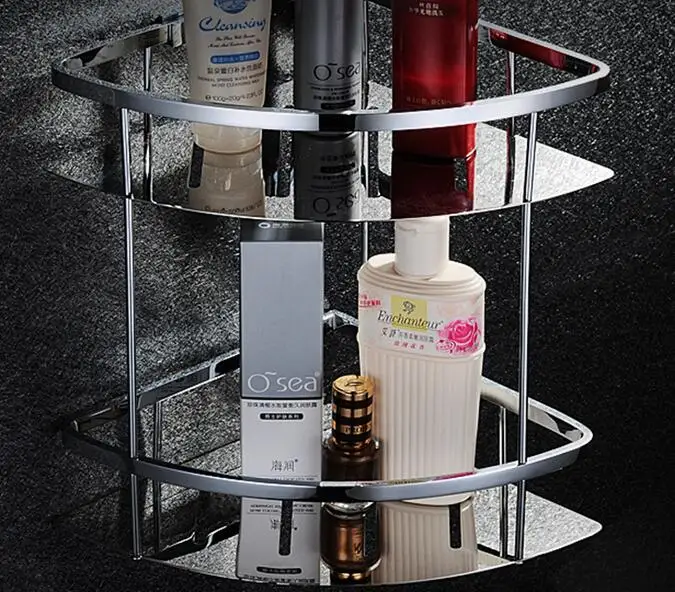 Double tier bathroom shelf space stainless steel corner basket bathroom rack wall mounted shower shelf SUS025