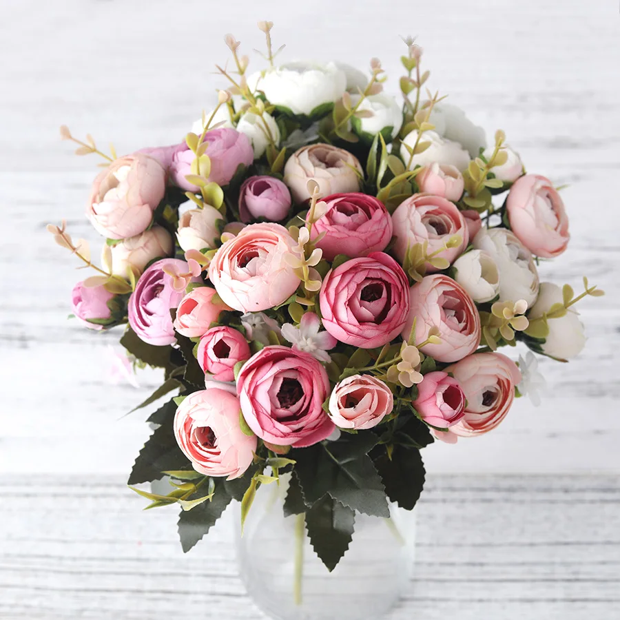 European Vintage Artificial Silk Tea Rose Flowers 6 head 4 Small bud Bouquet Wedding Home Retro Fake Flower Party DIY Decoration