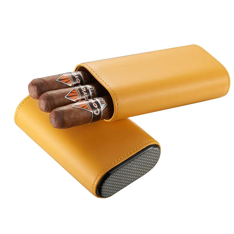 

Yellow Leather 3ct Cigar Case With Carbon Fiber Bottom Solid Color Cigars Storage Case Pocket Fit Mini Travel Humidor Cigar Box