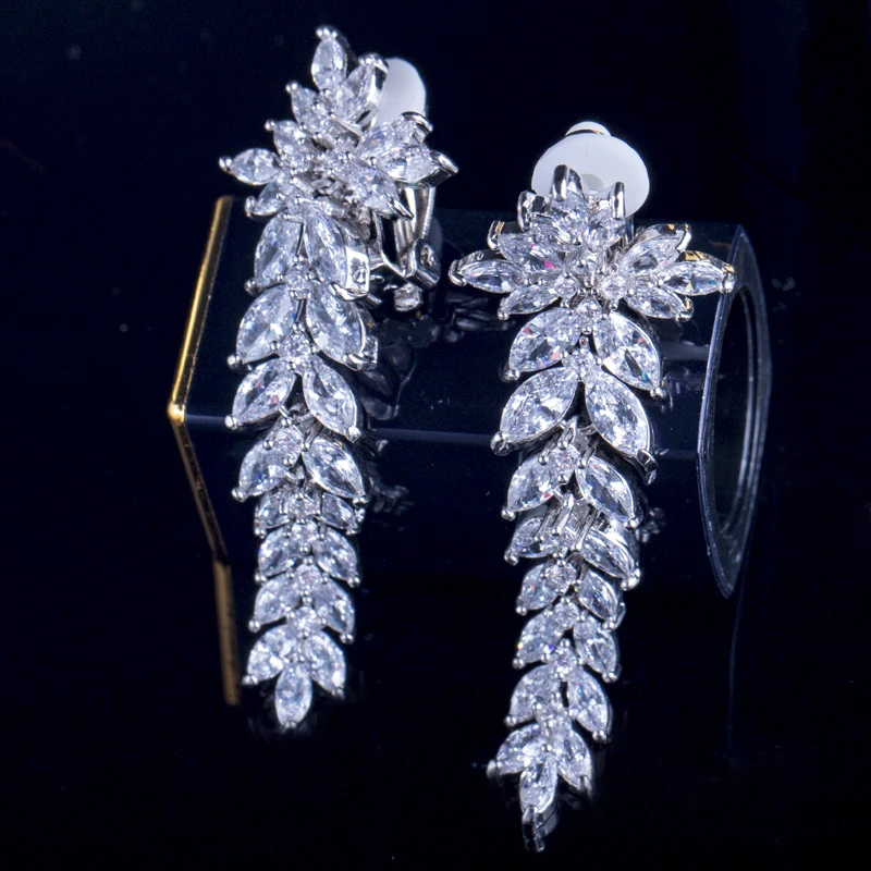 BeaQueen Japanese Long Leaf Shape Wedding No Pierced Clip On Earrings Cubic Zircon Clips No Hole Ear Jewelry for Women E200