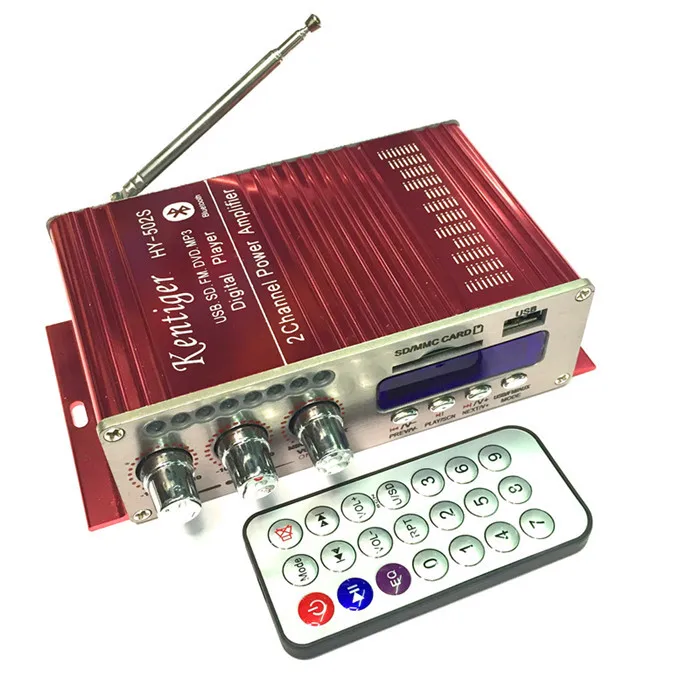 KENTIGER-Mini Amplificador Bluetooth com Adaptador de Energia, Rádio FM, Cabo AV, Controle Remoto, USB, Cartão SD, 12V, 5A, 40W, HY-502S