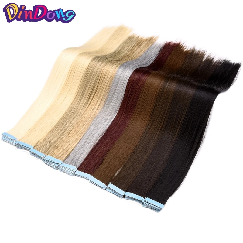 DinDong Pre Bonded BrownSynthetic Hair Extension Silky Straight Professional Salon Fusion Invisible Tape In Hair Skin Weft 40pcs