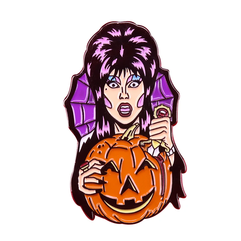 Elvira the Queen of Darkness Hand Carved on a Pumpkin Enamel Pin