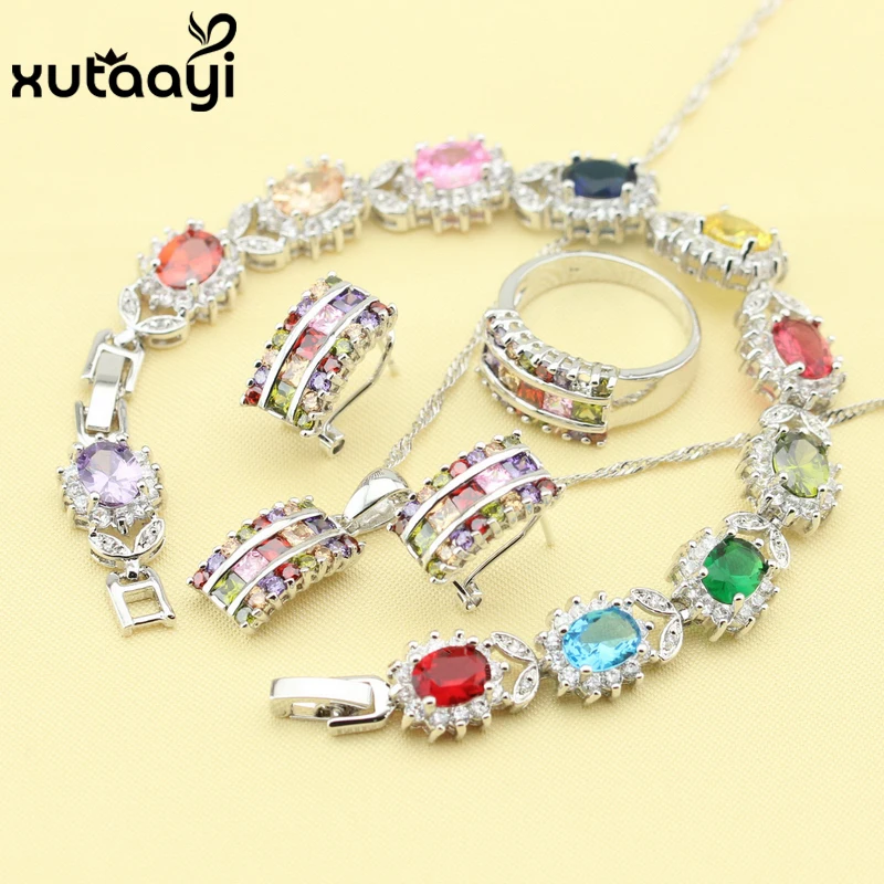 Fashion  Silver colorJewelry Sets For Women Multicolor Stones Cubic Zirconia Superb Necklace Rings Earrings Bracelet Free Box