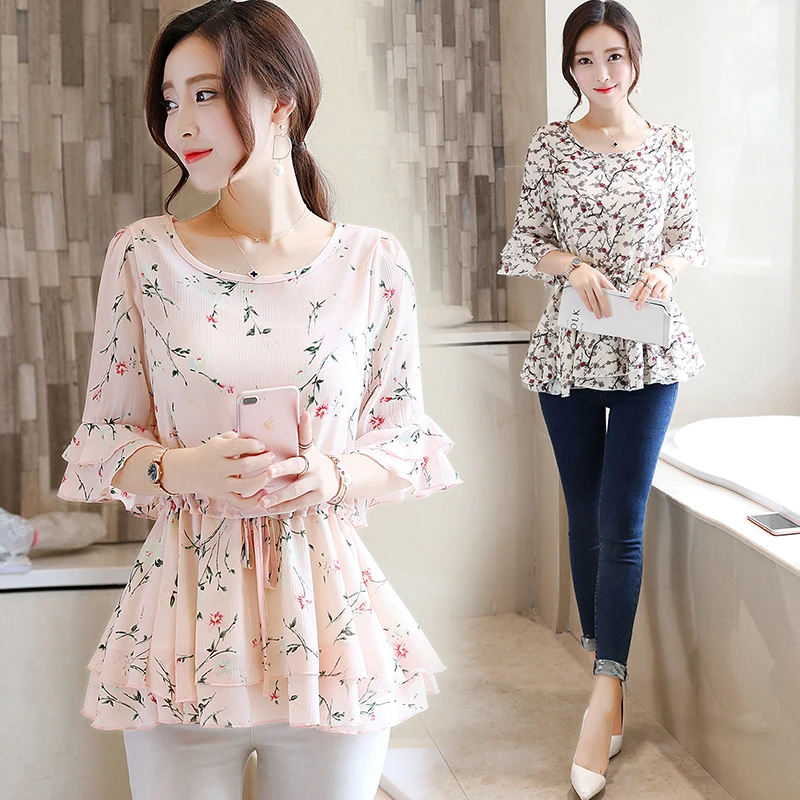 Blus Tunik Cetak Sifon Musim Panas Atasan Pullover Ruffles Leher-o Lengan Flare Wanita Blus Elegan Kasual Korea