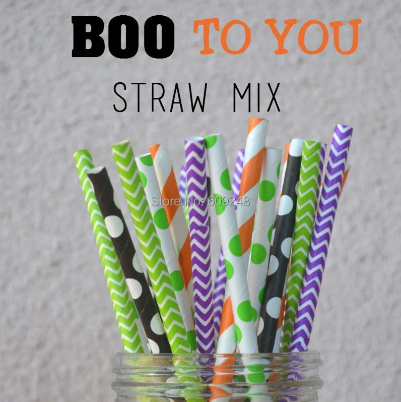 125 Pcs Mixed Colors Boo to You Halloween Party Paper Straws,Orange Stripe,Purple Lime Chevron,Lime dots,Black with White Dots