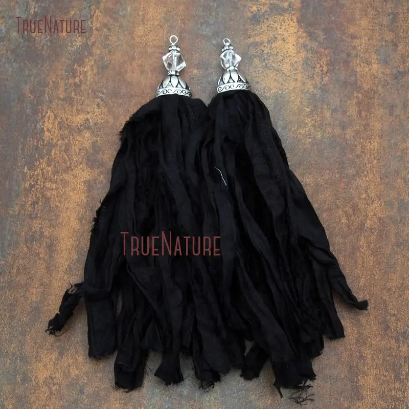 Fashionable Black Long Sari Silk Tassel Hot Sale Jewelry Accessory Faceted Crystal Quartzs Accent Tassel Pendant 6.8 inch PT7909