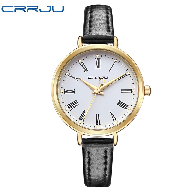 

New CRRJU Brand Luxury Vintage Small Rome Dial Genuine Leather Thin Strap Quartz Dress Watch Wristwatches for Women Ladies Girls