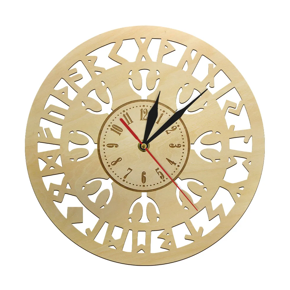 Viking Symbol Wooden Wall Clock Vegvisir Compass Handmade Art Viking Runic Compass Talisman Non-ticking Clock Room Wood Decor