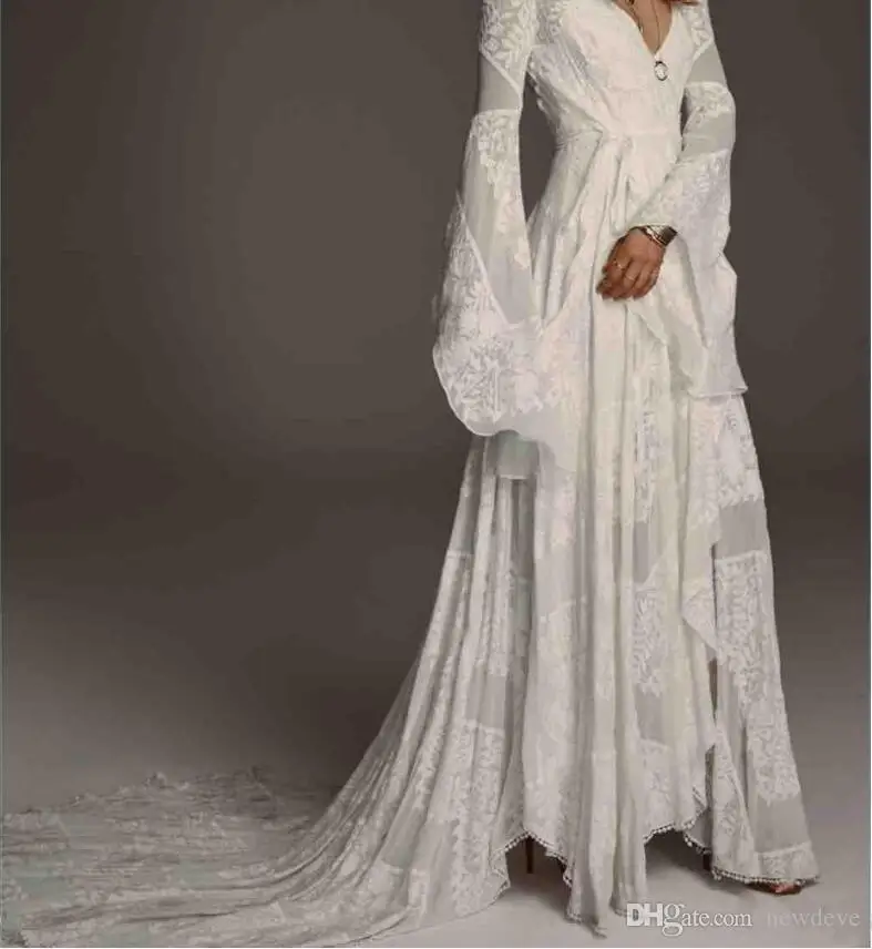 Robes de mariée bohème à col en V et dentelle, robes de mariée bohèmes à manches longues gonflées, robes de mariée de plage personnalisées, grande taille, quels que soient les patients