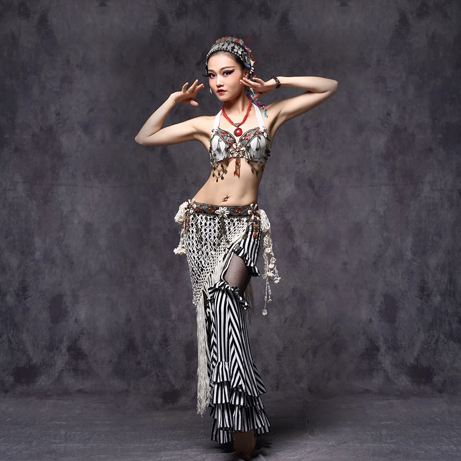 Tribal Belly Dance Clothes 3pcs Outfit Sexy Embroid Tops Hip Belt and Pants Women Tribal Dance Costume