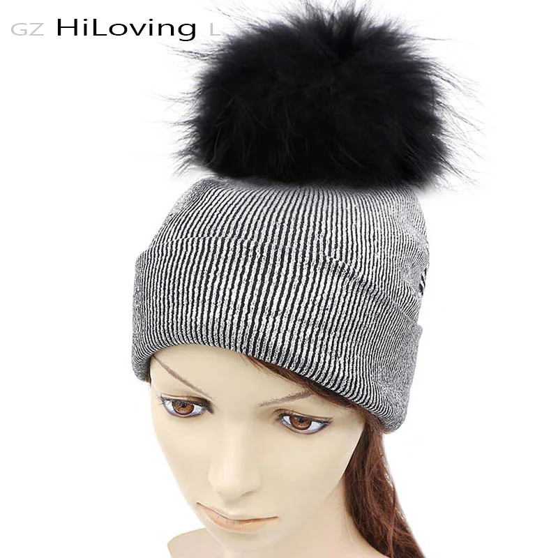 

GZHilovingL Autumn Winter Womens Fur Pompom Beanies Hats Solid Metallic Knitted Skullies Caps Soft Polyester Hats For Girls Hats