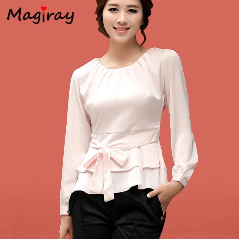 Women\'s Butterfly Chiffon Blouses, Pleated O Neck, White, Long Sleeve, Peplum Belt, Korean, Elegant Female Office Shirt, C15,