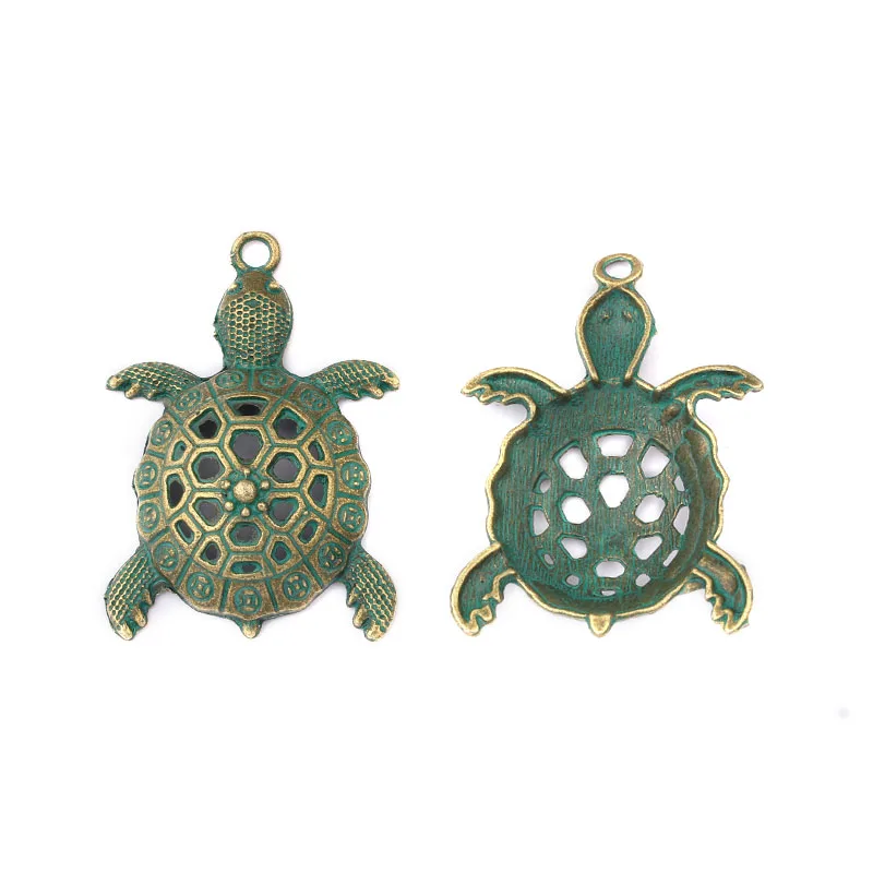 3Pcs Verdigris Patina Large Hollow Turtle Tortoise Charms Pendants With 4 Loop For DIY Necklace Jewelry Making Supplies