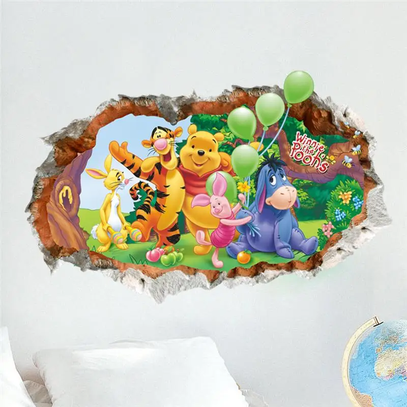 Winnie The Pooh Bear Wall Stickers For Kids Room Home Decoration 3d Broken Hole Cartoon Animals Mural Art Pvc Wall Decals Poster