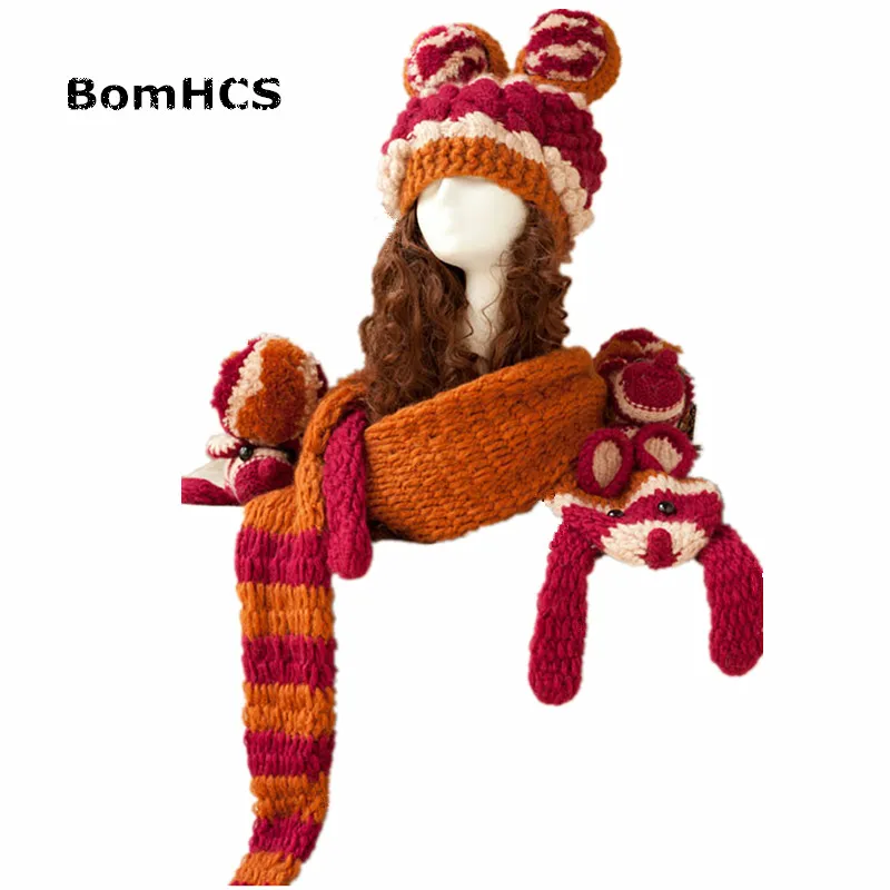 BomHCS Beanie & Gloves& Scarf Cute Big Ears Women\'s Winter Warm Handmade Knitted Hat Mittens Neckerchief