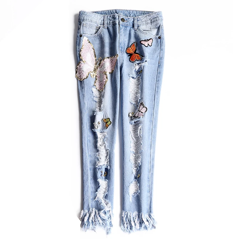 

Women Handmade Sequins Jeans With Diamonds Crystal Beads Luxurious Tassels Ripped Holes Embroidery Appliques Denim Pants NZ04