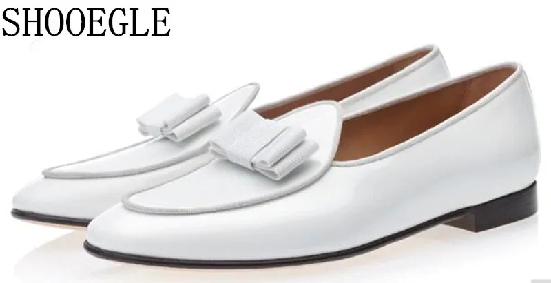 

SHOOEGLE Newest White Leather and Suede Stitching With Bowtie Men Handmade Shoes Luxurious Flats Men's Banquet Classic Loafers