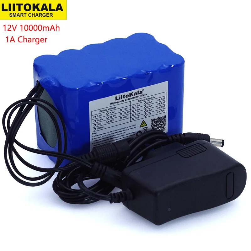 Liitokala 12V 10Ah 18650  li-lon battery pack 12.6V 10000mAh with BMS Circuit Protection Board DC 5.5*2.1mm+ 1A Charger