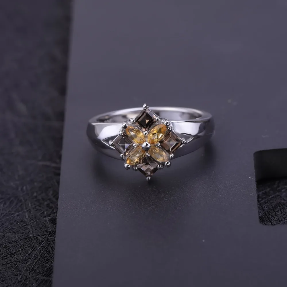 Gem\'s Ballet Multicolor Natural Smoky Quartz Citrine Cocktail Ring 925 Sterling Silver Flower Rings For Women Fine Jewelry