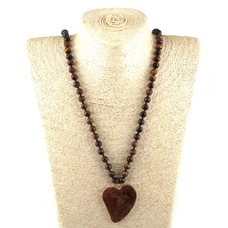 New Fashion Bohemian Jewelry Natural Tiger Eye Stone Knotted Brown Stone heart Pendant Women Necklace