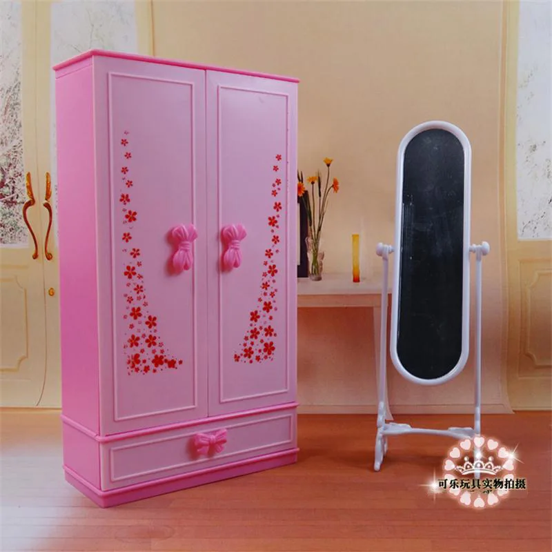 

For Barbie Doll Furniture Accessories Wardrobe Dressing Mirror several hangers Bedroom Wardrobe Toy Holiday Gift Girl DIY