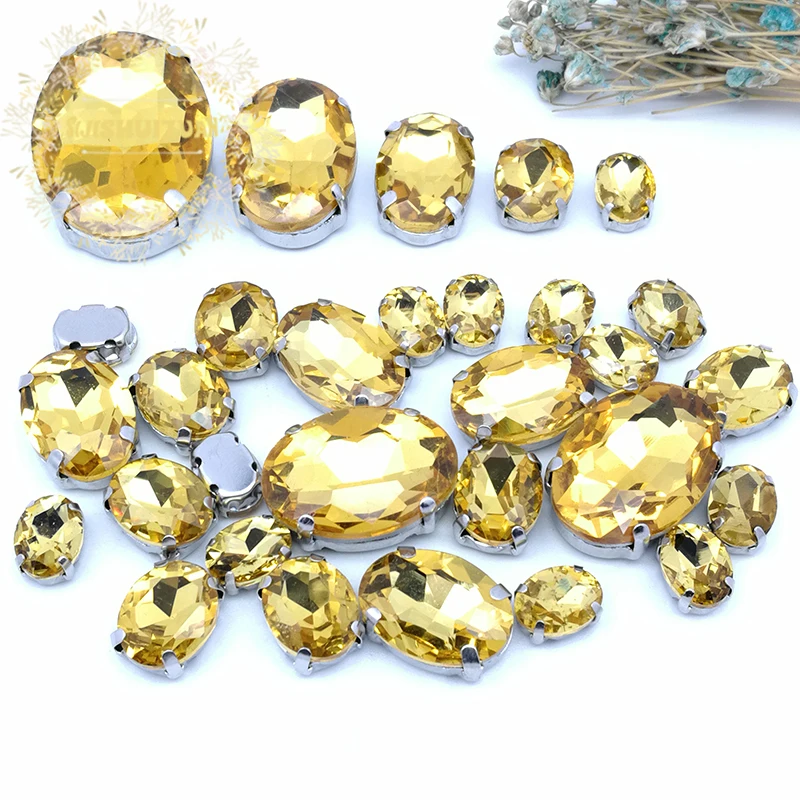 Silver Claw Setting 30pcs/Bag Golden Yellow Oval Shapes Mix Clear Gass Crystal Sew On Rhinestone Wedding Dress Shoes Bag Diy