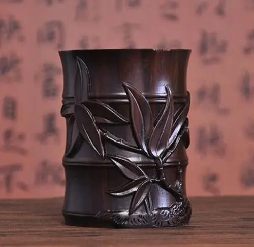 China Wood Carved Dynasty Palace Bamboo Brush Pot Pencil Vase Pen Containe home decoration Flowers insects statue Wooden crafts