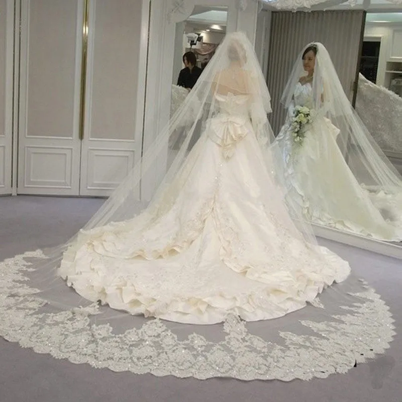 Masque de mariée réel voile 4 mètres 2T, paillettes blanches et ivoire scintillantes, bord en dentelle scintillante, longues voiles de mariage, collection 2017