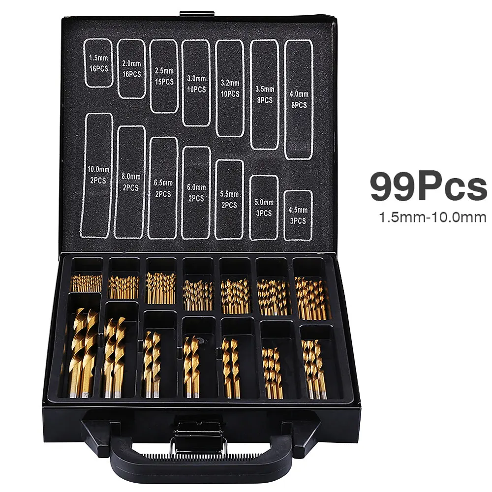 HAANZHALL  Iron Box packing 99PCS HSS Twist Drill Bits Set 1.5-10mm Titanium Coated Surface 118 Degree For Drilling woodworking