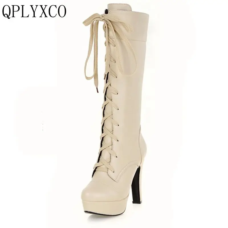 QPLYXCO Plus New fashion small big Size 31-45 Woman Boots Autumn Winter Warm lace up high Heels long Botas Women Shoes M-20