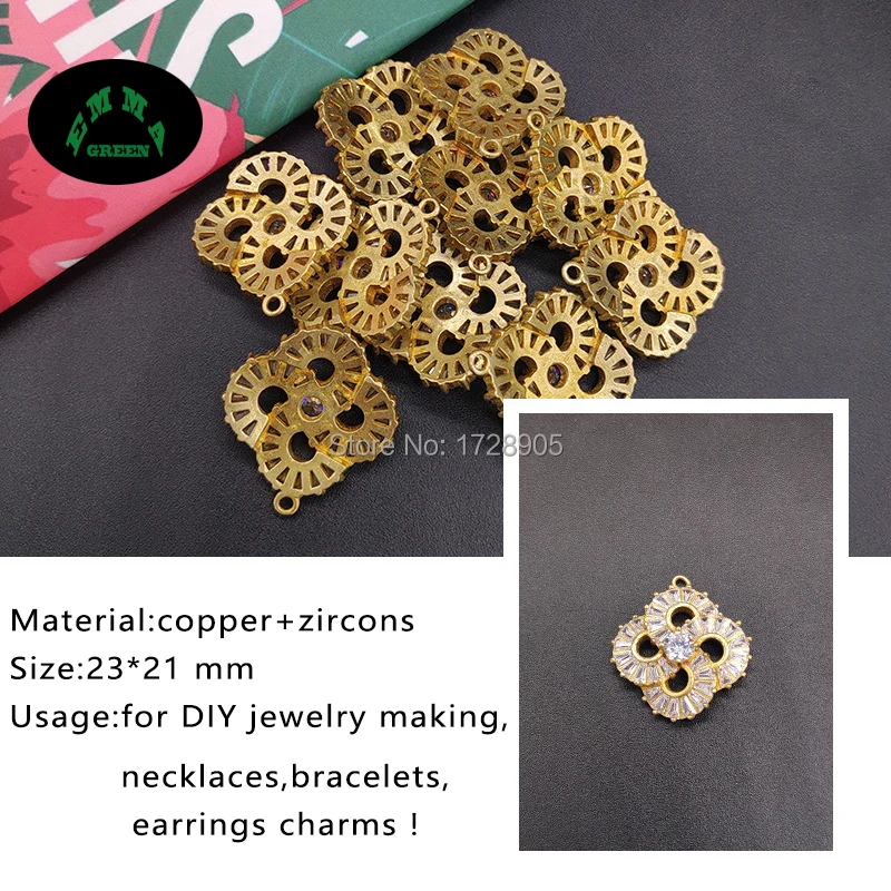 Gold Zircon Charms Clover Flower Charm Pendants for Jewelry Making 100pcs Zircons Findings Accessories