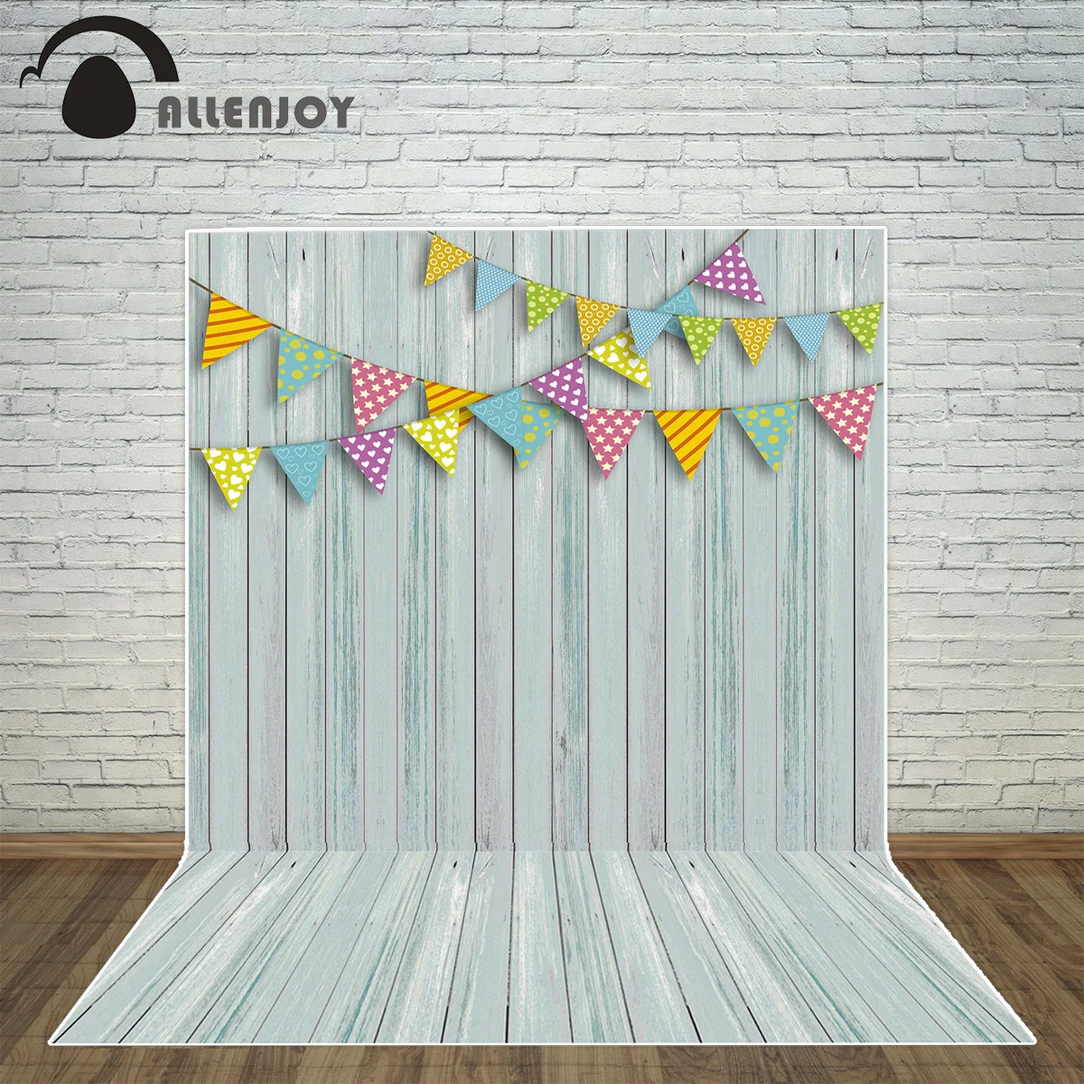 Allenjoy backdrop for photographic studio pale color woodboard flags colorful baby shower background original design photocall