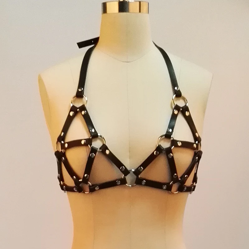 100% Handcrafted Women Sexy Leather Bra Bralet Sets Punk Gothic Bondage Leather Harness Frame Caged Belt Top Panty Thong