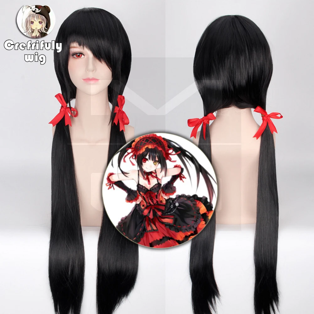 

DATE A LIVE Tokisaki Kurumi Straight Long Black Cosplay Wig Ponytail Style Nightmare Halloween Costume Synthetic Wigs For Women