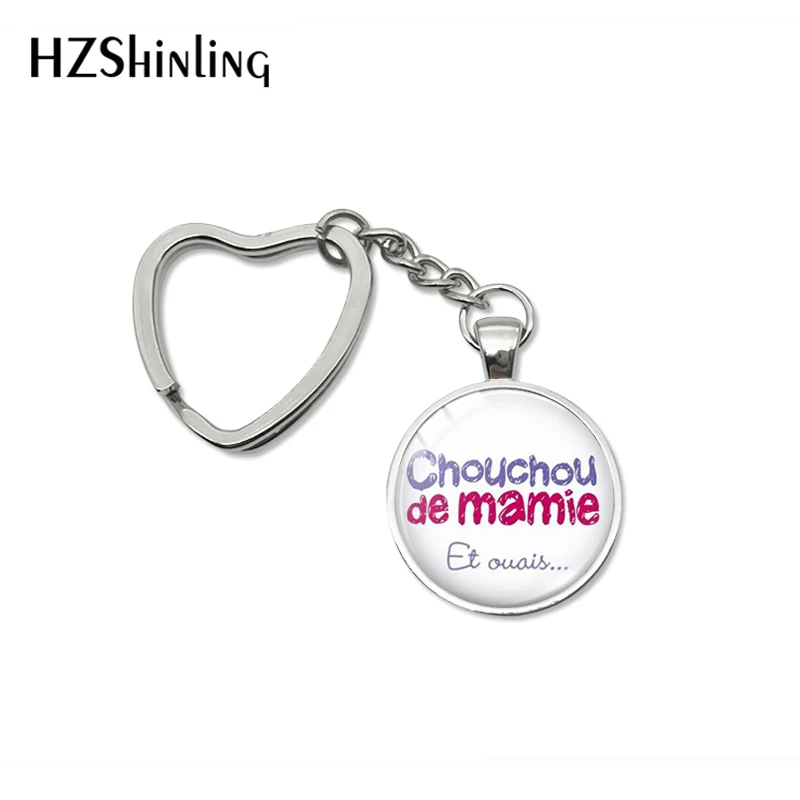 Fashion Super Mamie Quotes Heart Key Chains Holder Glass Dome Pendant je suis une Mamie Letter Design Keyring Keychanis Jewelry